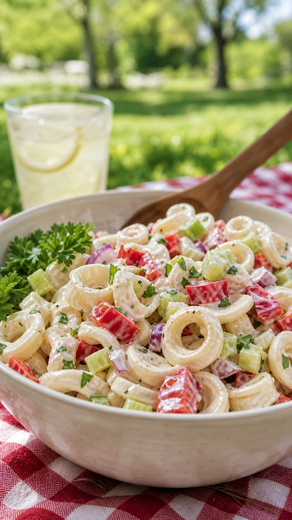 Creamy low-carb hearts of palm pasta salad with red bell peppers and celery in a colorful picnic bowl.