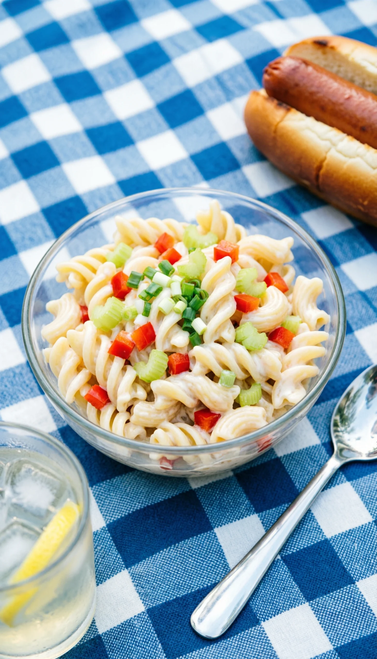 Creamy macaroni salad with bell pepper, celery, and green onion in a glass bowl on a blue and white picnic blanket.
