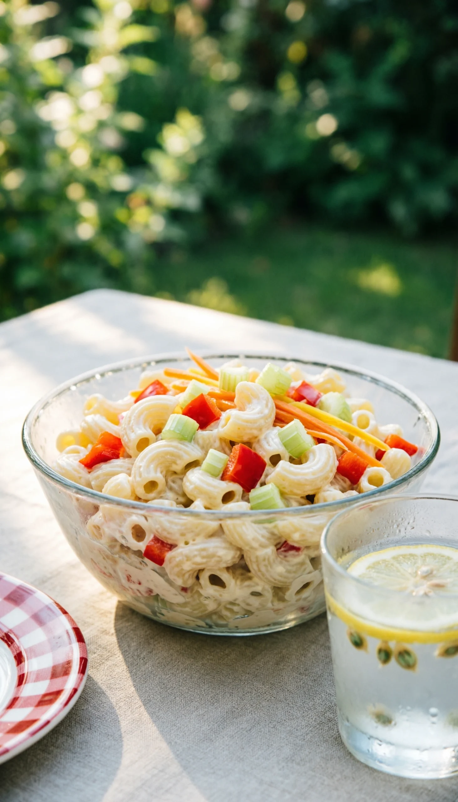 Creamy macaroni salad with elbow noodles, red peppers, and carrots in a glass bowl for a backyard garden picnic.