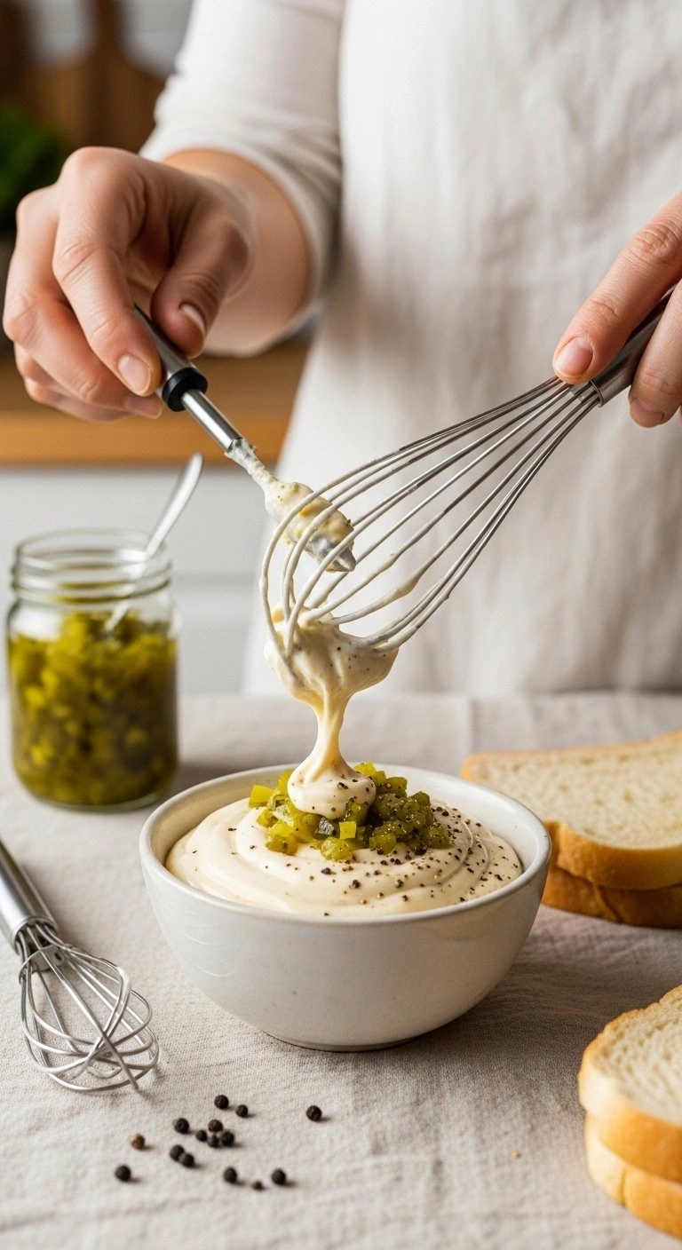 Creamy Mayonnaise-Based Sandwich Dressing With Green Relish, Black Pepper, And Dijon Mustard, Being Whisked In A Ceramic Bowl.
