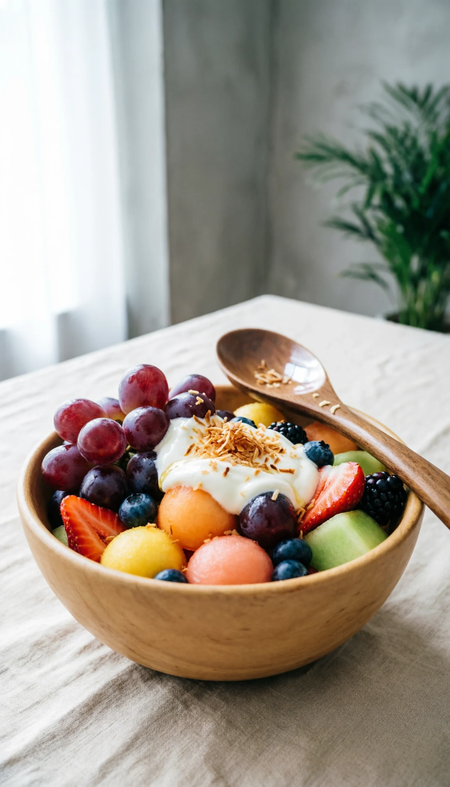 Creamy mixed fruit salad with coconut cream dressing and toasted coconut flakes in a rustic wooden bowl.
