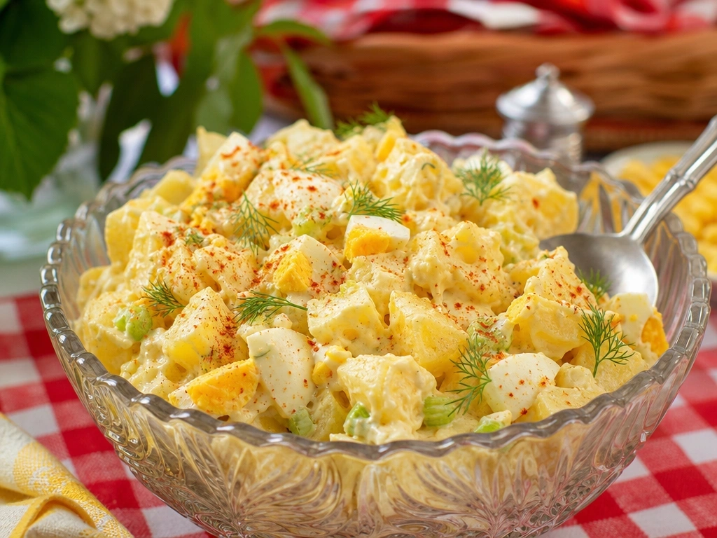 Creamy old-fashioned potato salad with eggs, celery, mustard dressing, and paprika in a vintage glass bowl.