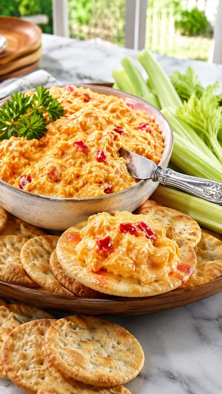 Creamy pimento cheese spread with red pimentos on a crisp artisanal cracker, served in a vintage bowl on marble.