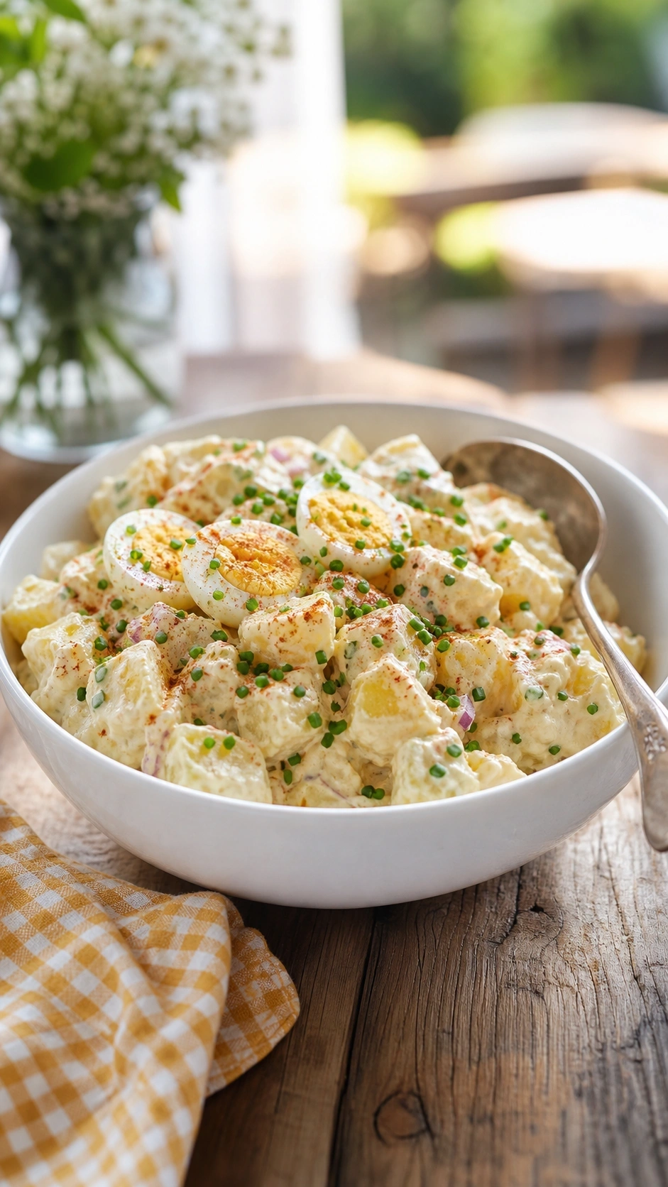 Creamy potato salad garnished with fresh chives and egg slices in a white bowl on a rustic wooden table.