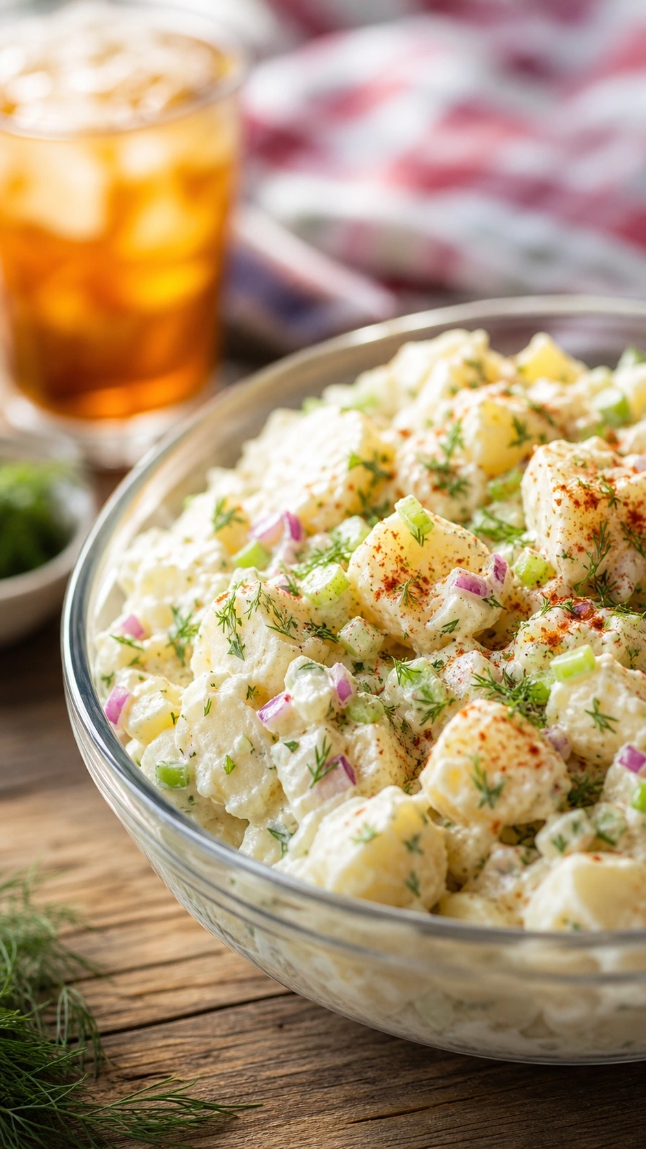 Creamy potato salad with dill and paprika in a glass bowl on a rustic wooden table for a summer picnic.