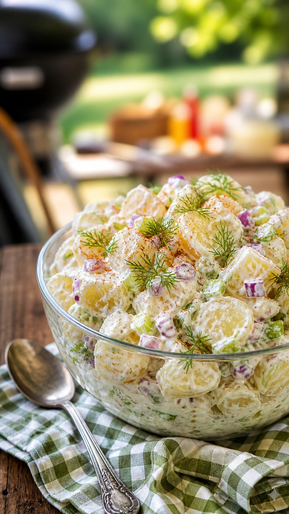 Creamy potato salad with dill and paprika in a glass bowl on a rustic wooden table, ready for a fresh summer cookout.