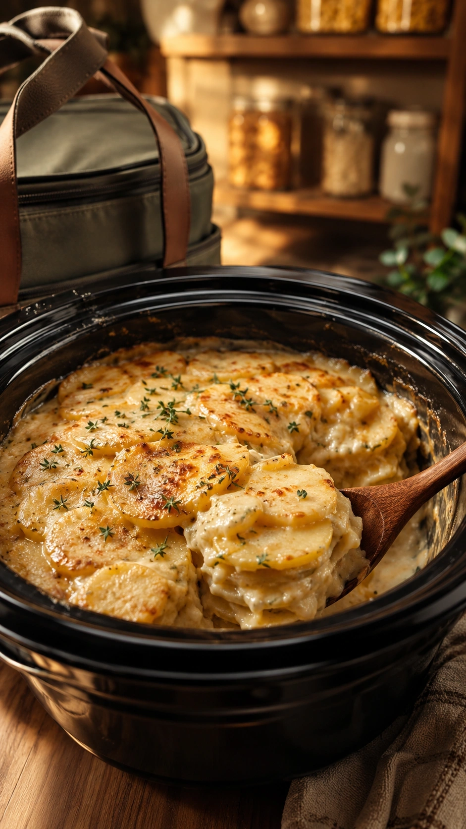 Creamy slow cooker scalloped potato casserole with melted gruyere cheese and fresh thyme in a black ceramic insert.