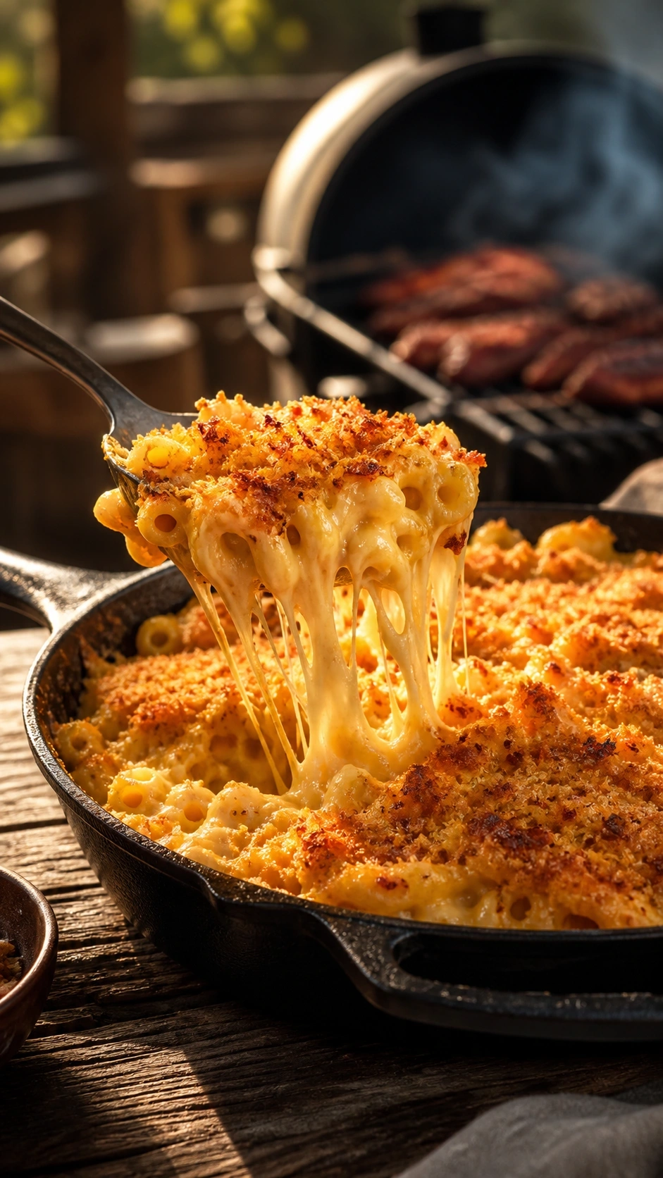 Creamy smoked macaroni and cheese with a crispy panko crust in a cast iron skillet, with a spoon revealing a cheese pull.