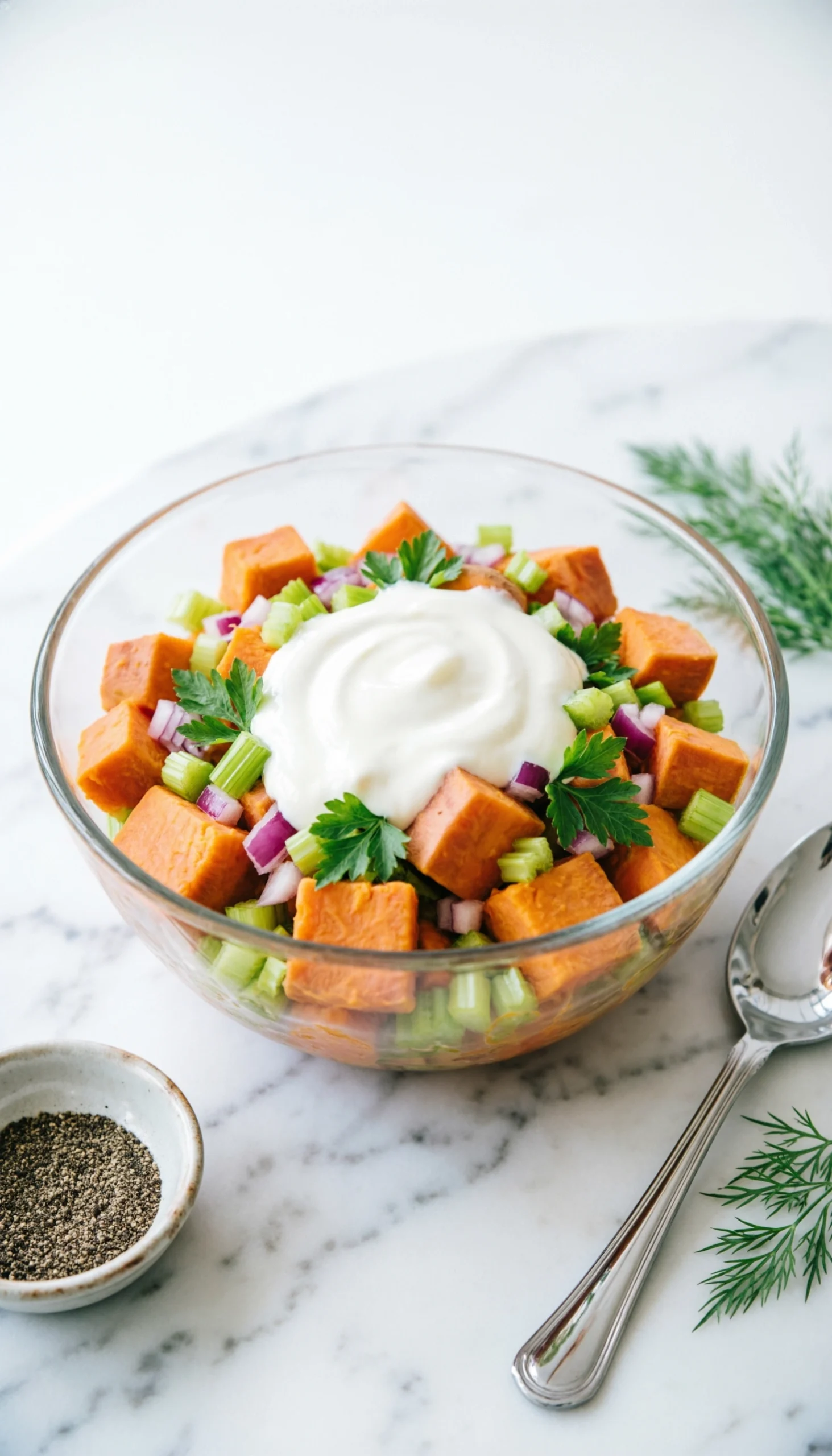 Creamy sweet potato salad with Greek yogurt dressing, celery, and red onion in a glass bowl on a marble counter.