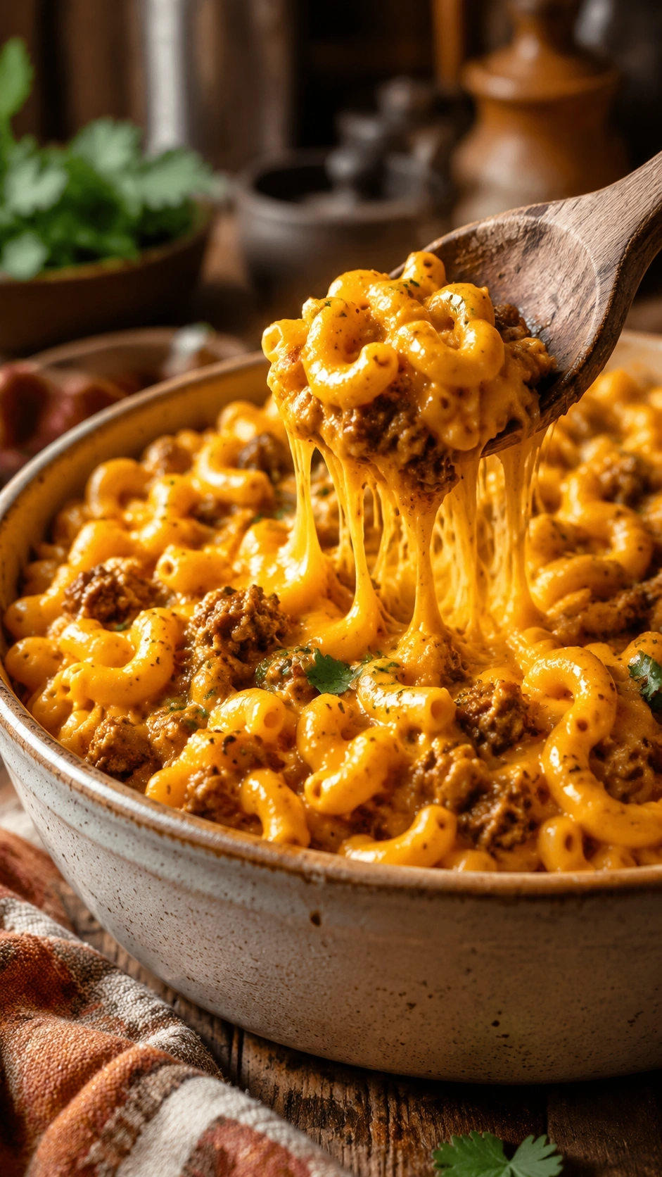 Creamy taco macaroni and cheese with a gooey cheddar cheese pull on a rustic wooden spoon in a cozy kitchen.