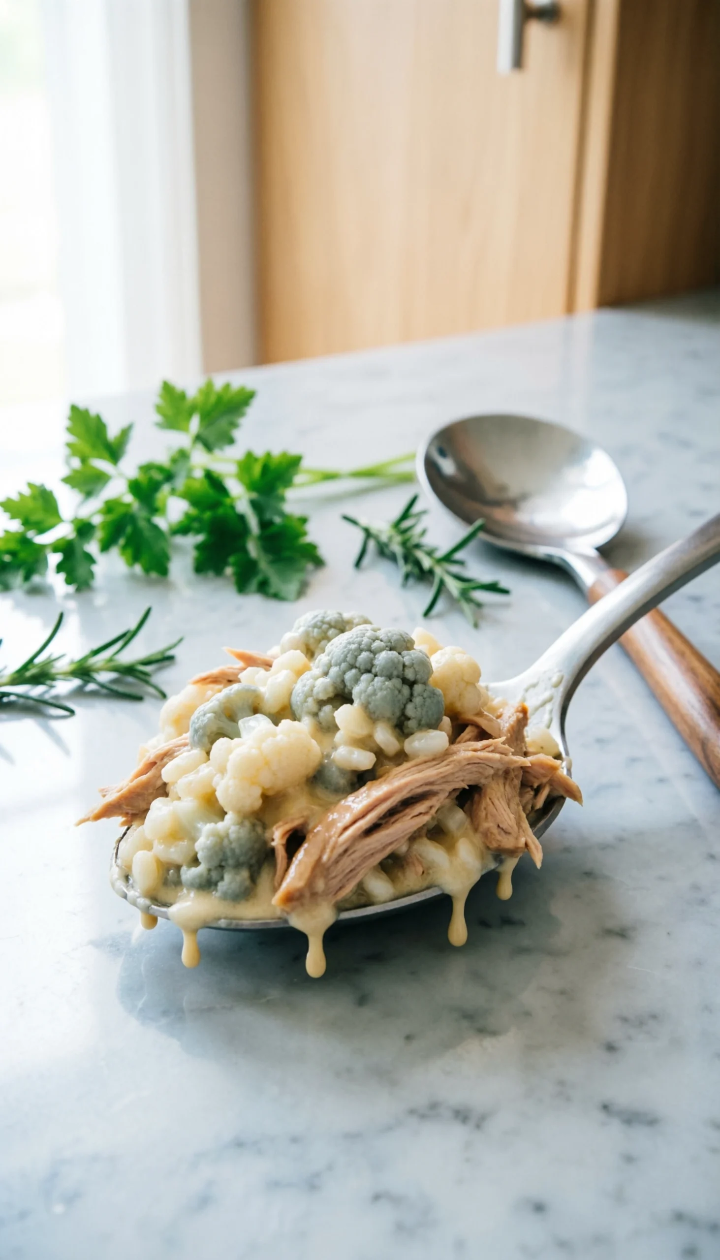 Creamy turkey and cauliflower rice bake with fresh herbs and a silver serving spoon on a marble countertop.