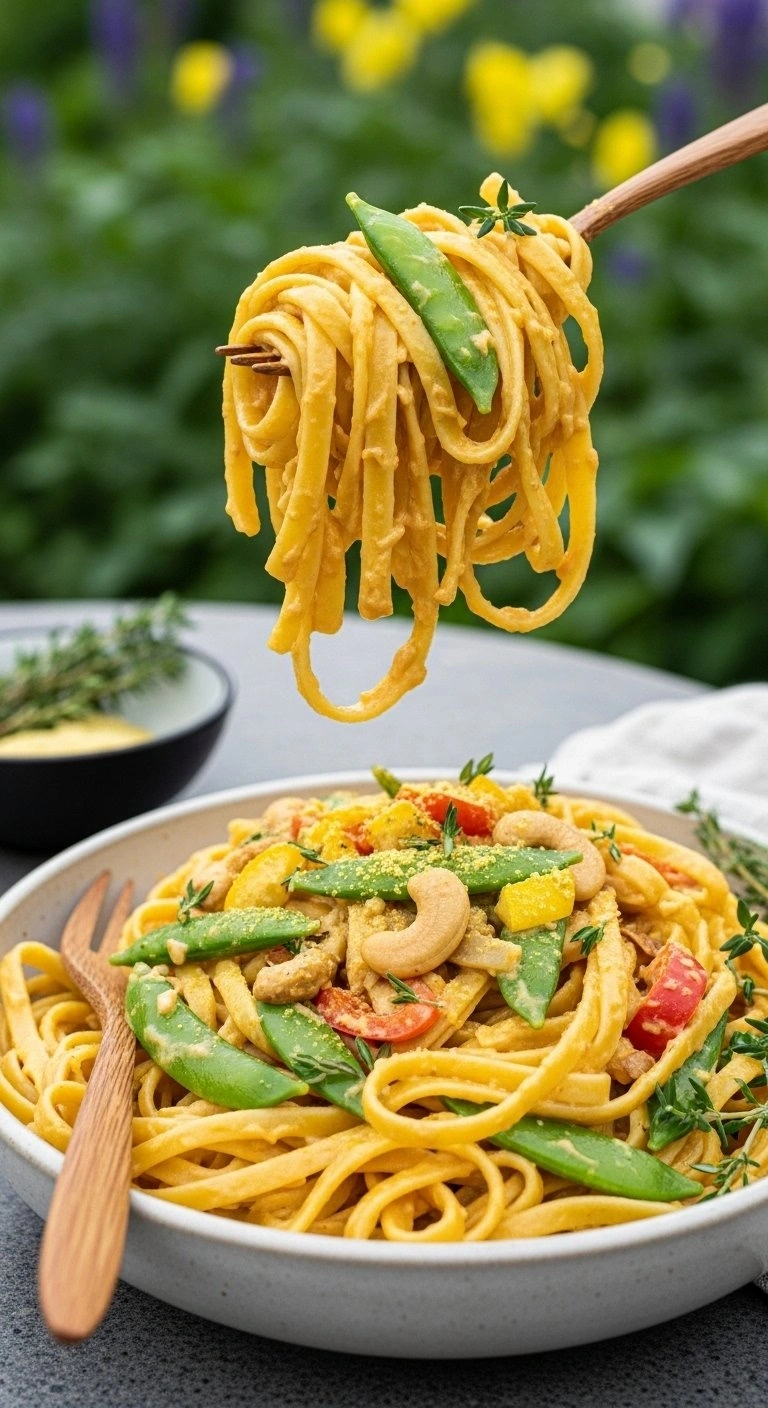 Creamy Vegan Pasta Primavera With Fettuccine, Colorful Bell Peppers, And Snap Peas In A Dairy-Free Cashew Sauce.