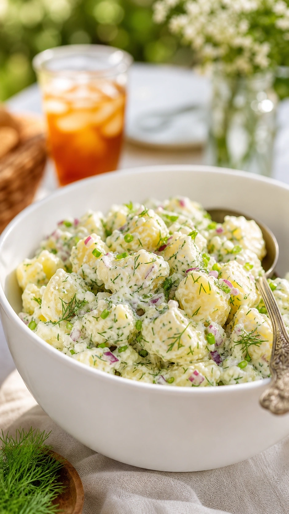Creamy vegan potato salad in a white ceramic bowl, garnished with fresh dill and red onion, perfect for a summer picnic recipe.