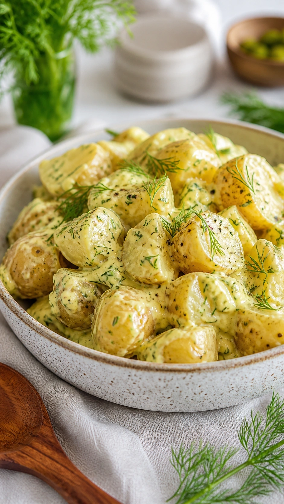 Creamy vegan potato salad with Yukon potatoes, fresh dill, and cracked black pepper in a rustic ceramic bowl.