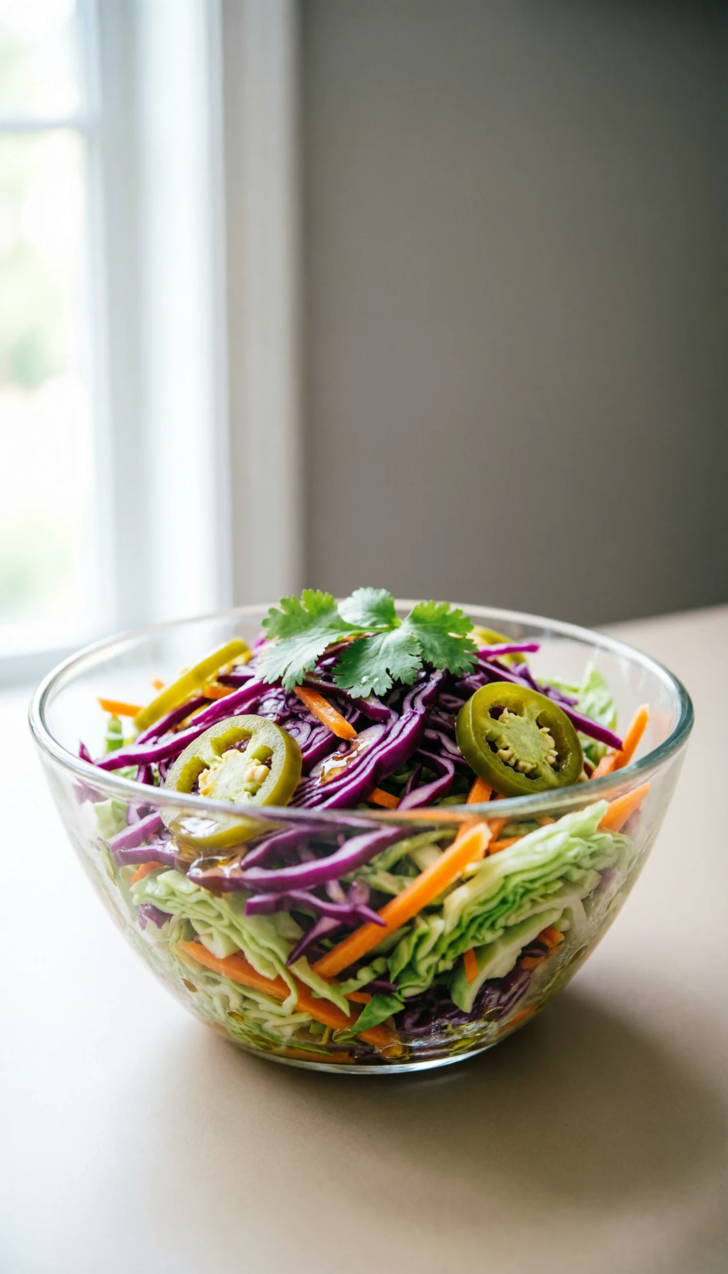 Crisp Mexican coleslaw with shredded red cabbage, carrots, and jalapeños in a glass bowl on a neutral counter.