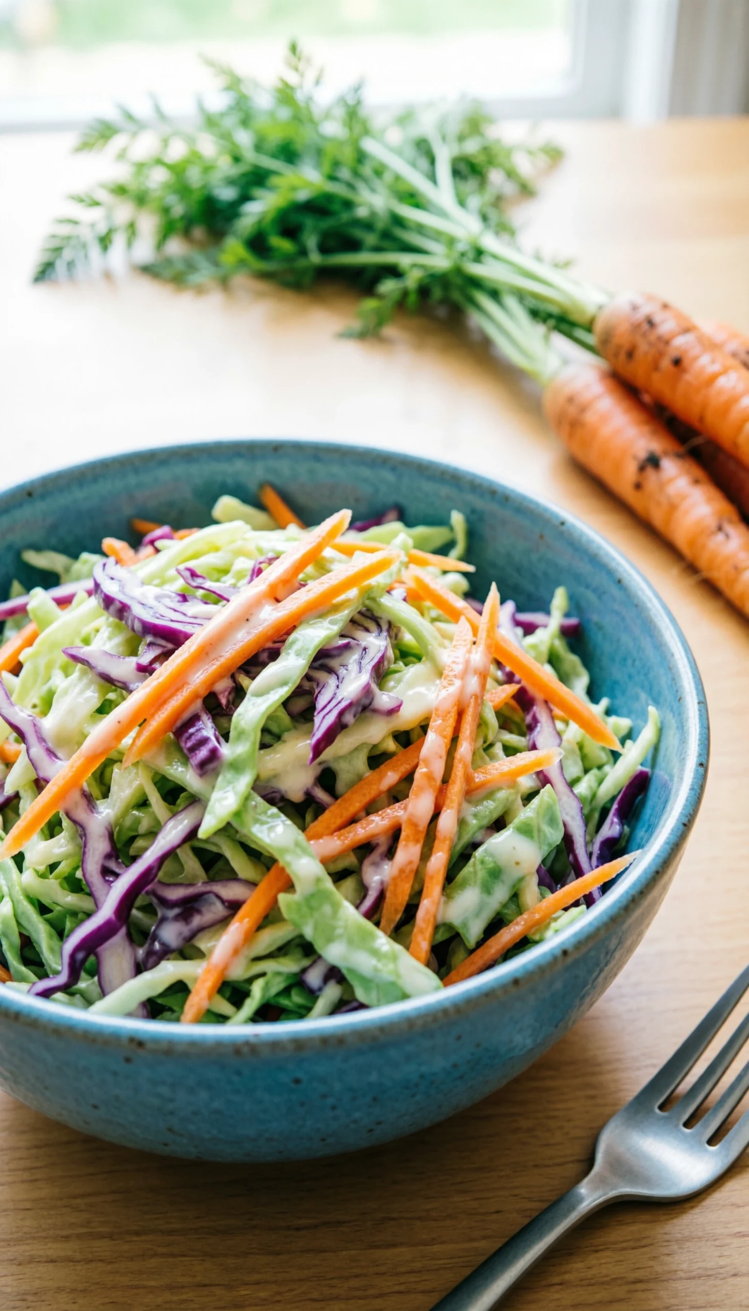 Crisp and creamy vegan coleslaw with shredded green and purple cabbage, carrots, and tangy dressing in a light blue stoneware bowl.