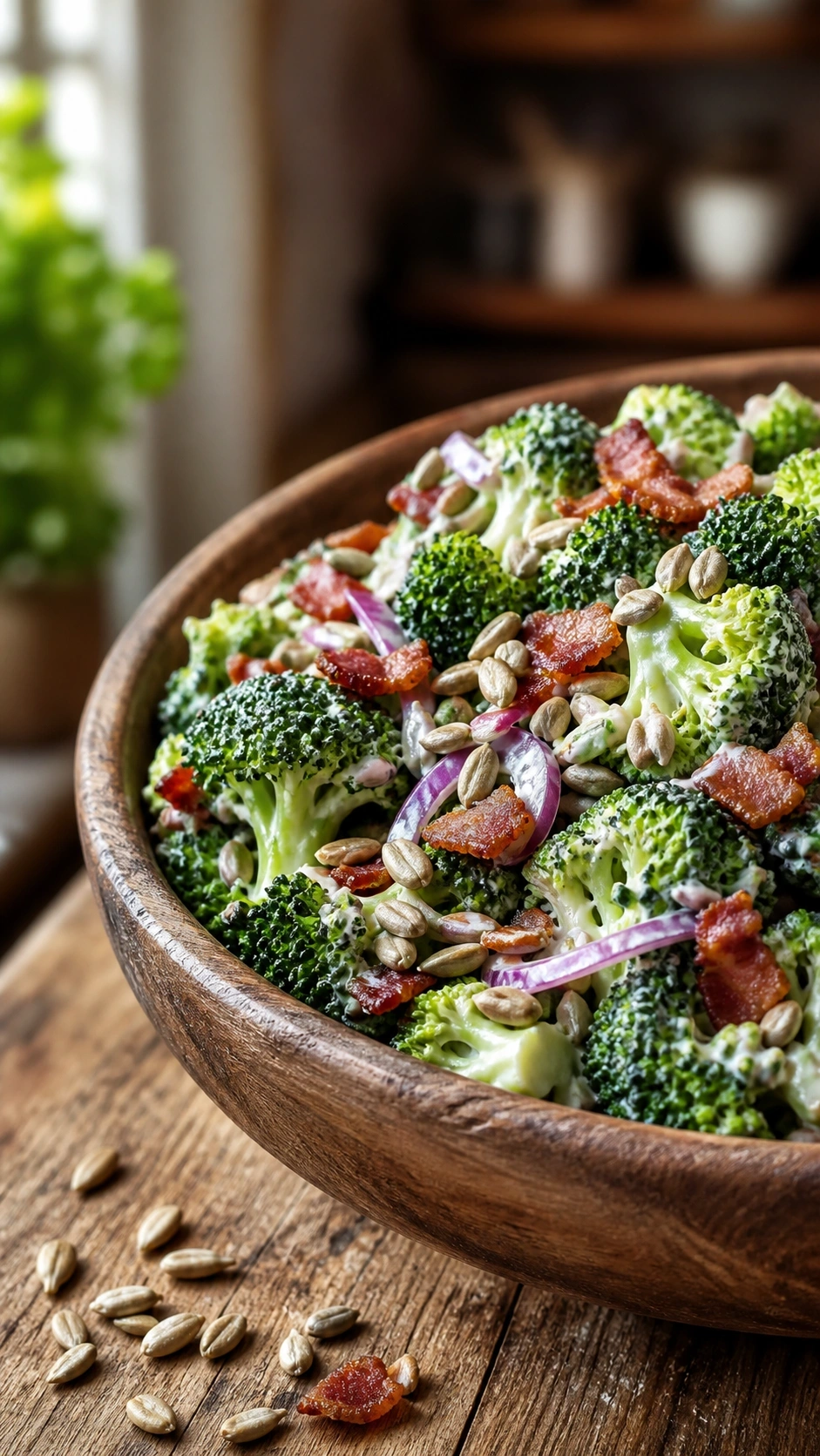 Crisp broccoli salad with bacon, sunflower seeds, and creamy dressing in a wooden bowl on a rustic table.
