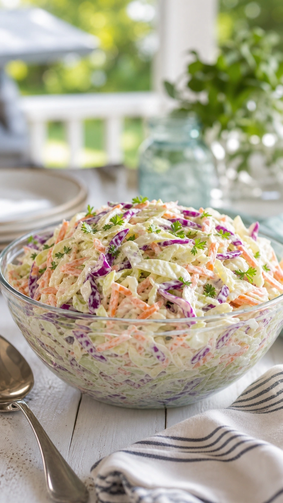 Crisp creamy coleslaw with shredded green and purple cabbage in a glass bowl on a white wooden table.