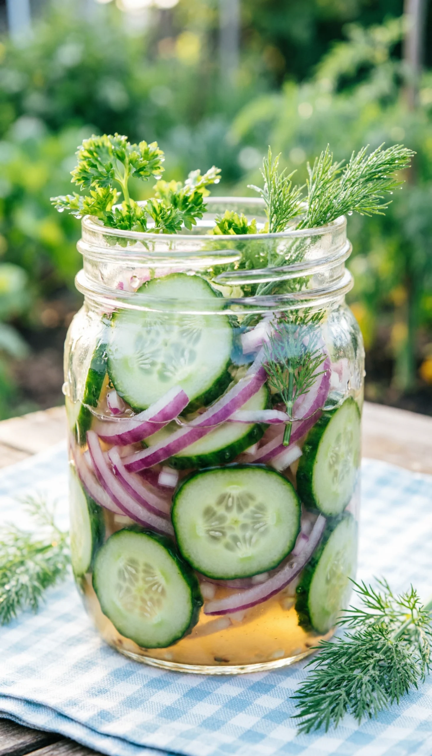 Crisp cucumber onion salad with red onion and fresh dill in a vintage mason jar on a rustic wooden table.
