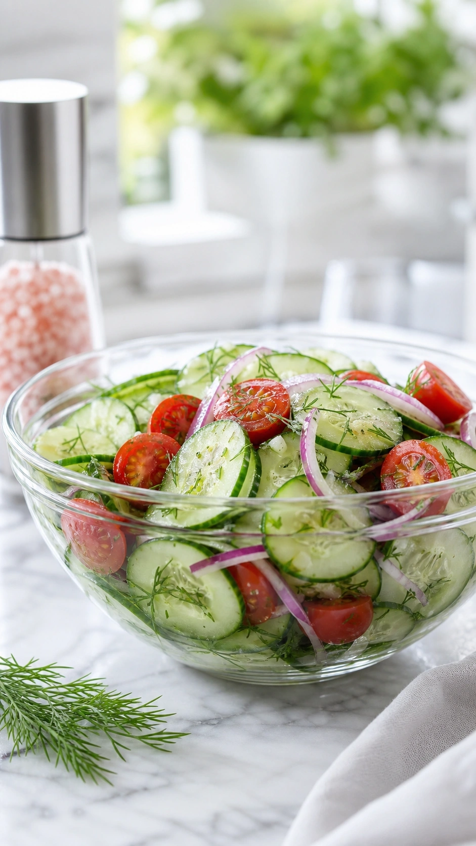 Crisp Cucumber Salad With Thinly Sliced Cucumbers, Cherry Tomatoes, Red Onion, And Fresh Dill In A Modern Glass Bowl.