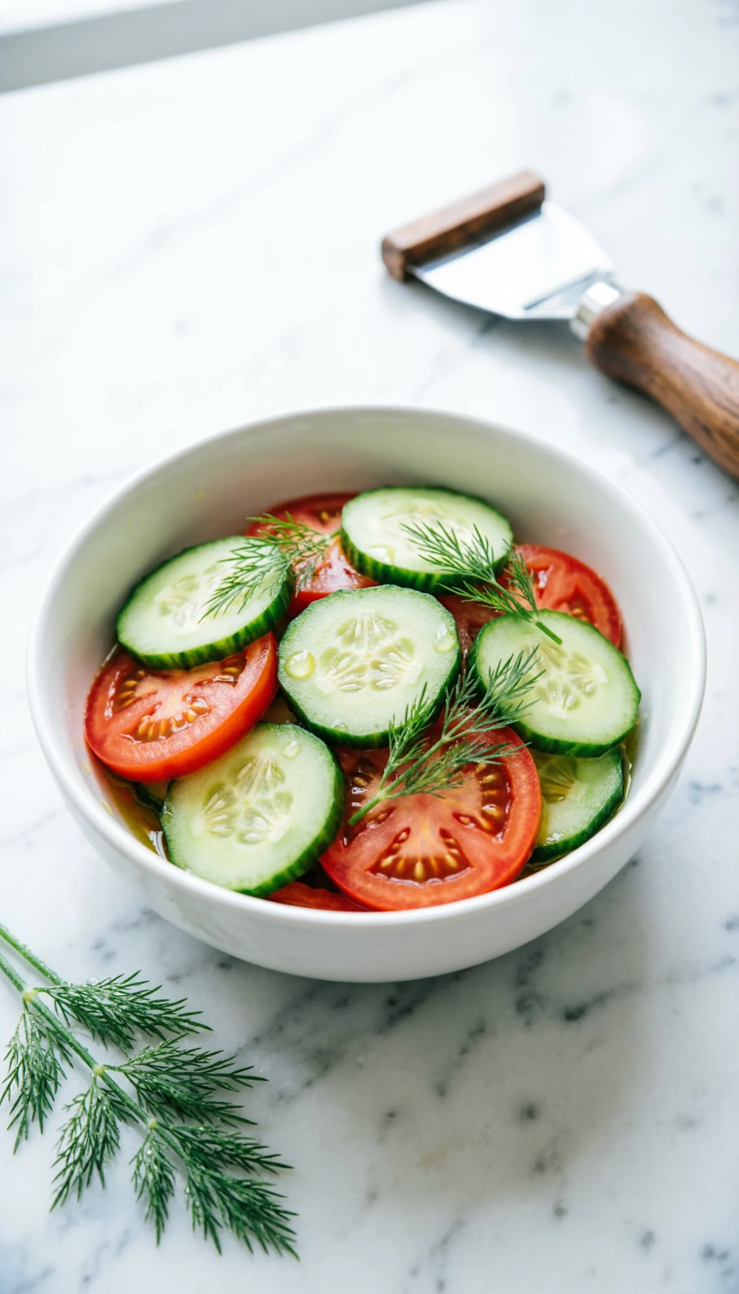 Crisp cucumber tomato salad with fresh dill and herb vinaigrette in a white bowl on a bright marble countertop.
