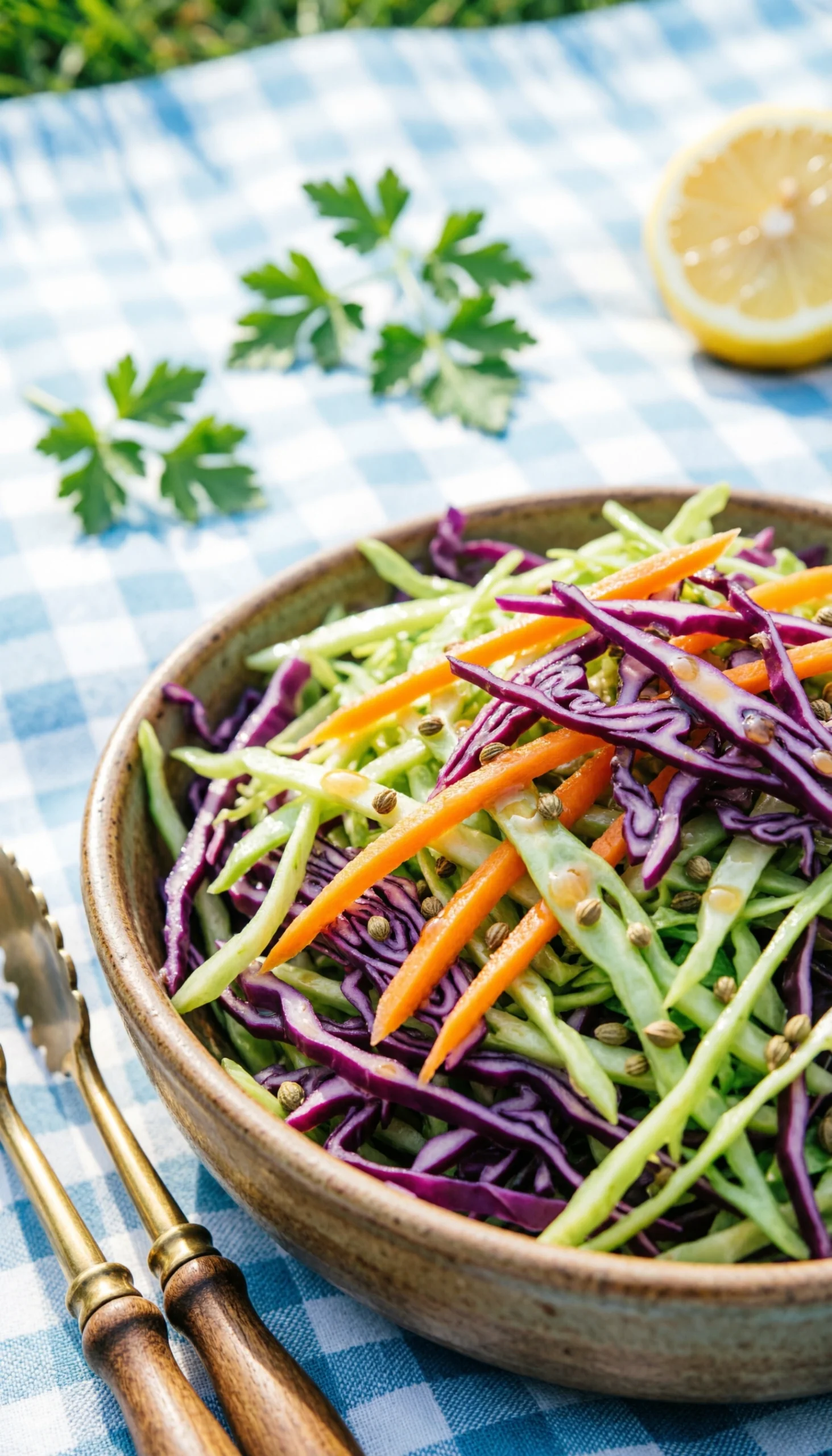 Crisp dairy-free coleslaw with purple cabbage and julienned carrots in a tangy vinegar dressing on a wood table.