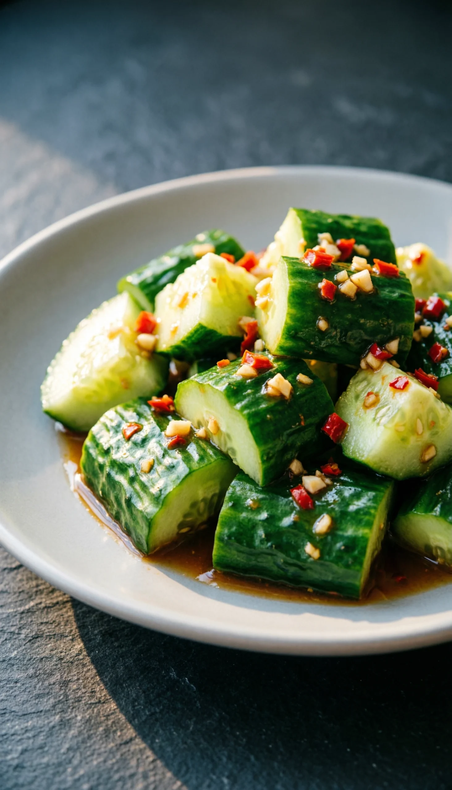 Crisp smacked cucumber salad with savory, spicy dressing, garlic bits, and chili flakes in a minimalist ceramic dish.