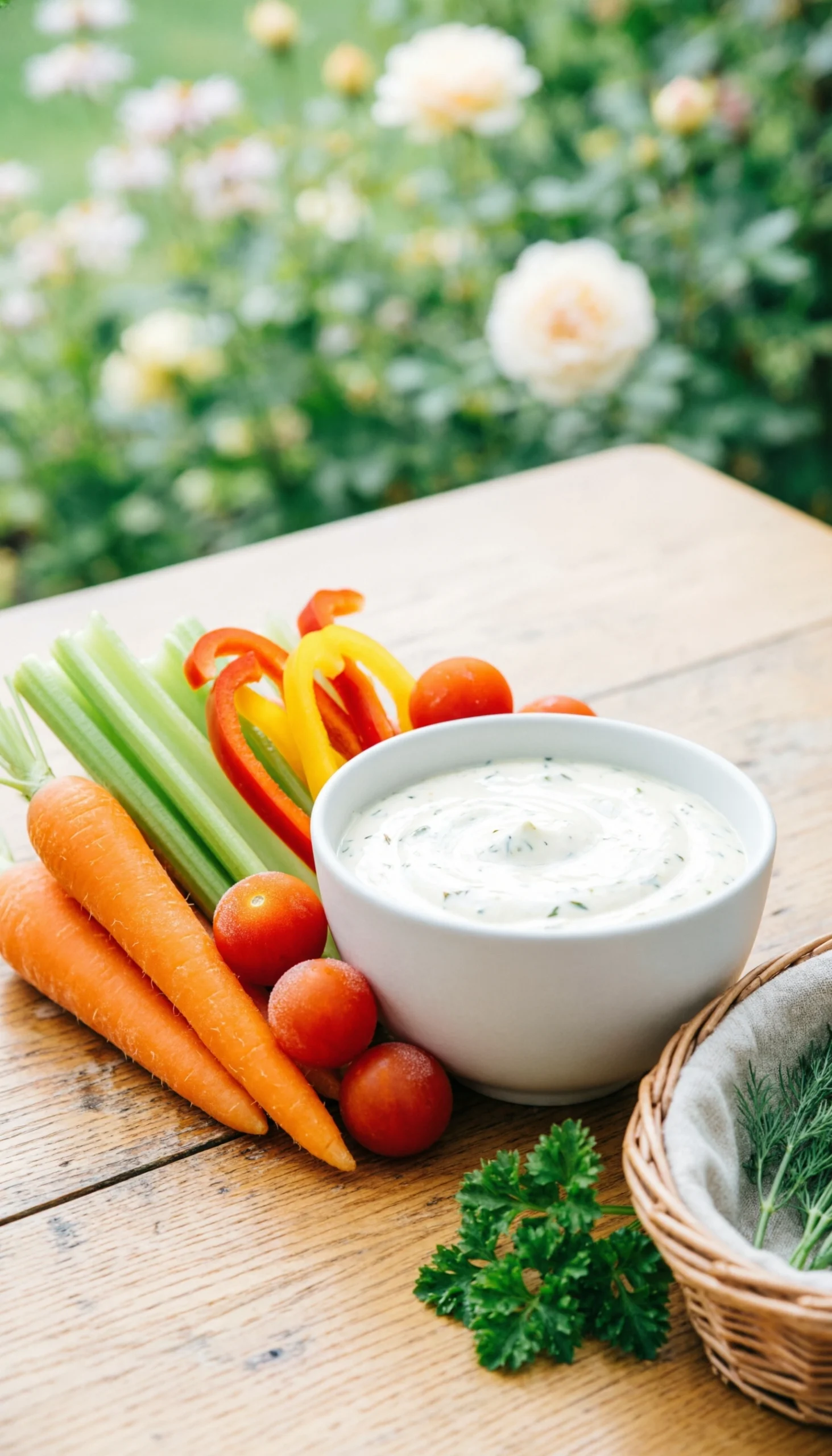 Crisp vegetable crudité platter with carrots, celery, bell peppers, tomatoes, and creamy ranch dip on a rustic garden table.