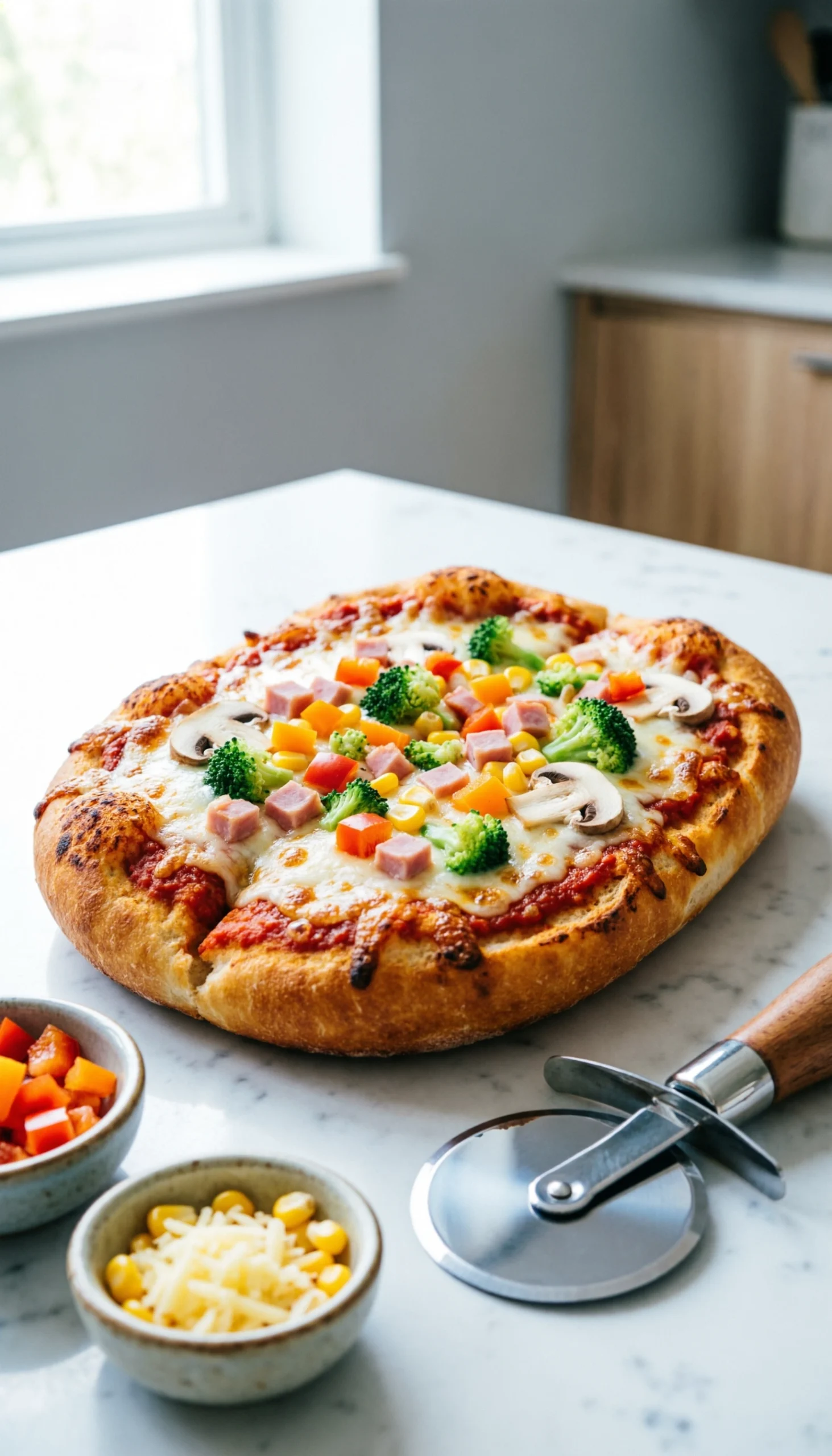 Crispy French bread pizzas with bubbly melted cheese and tomato sauce on a baking sheet atop a marble counter.