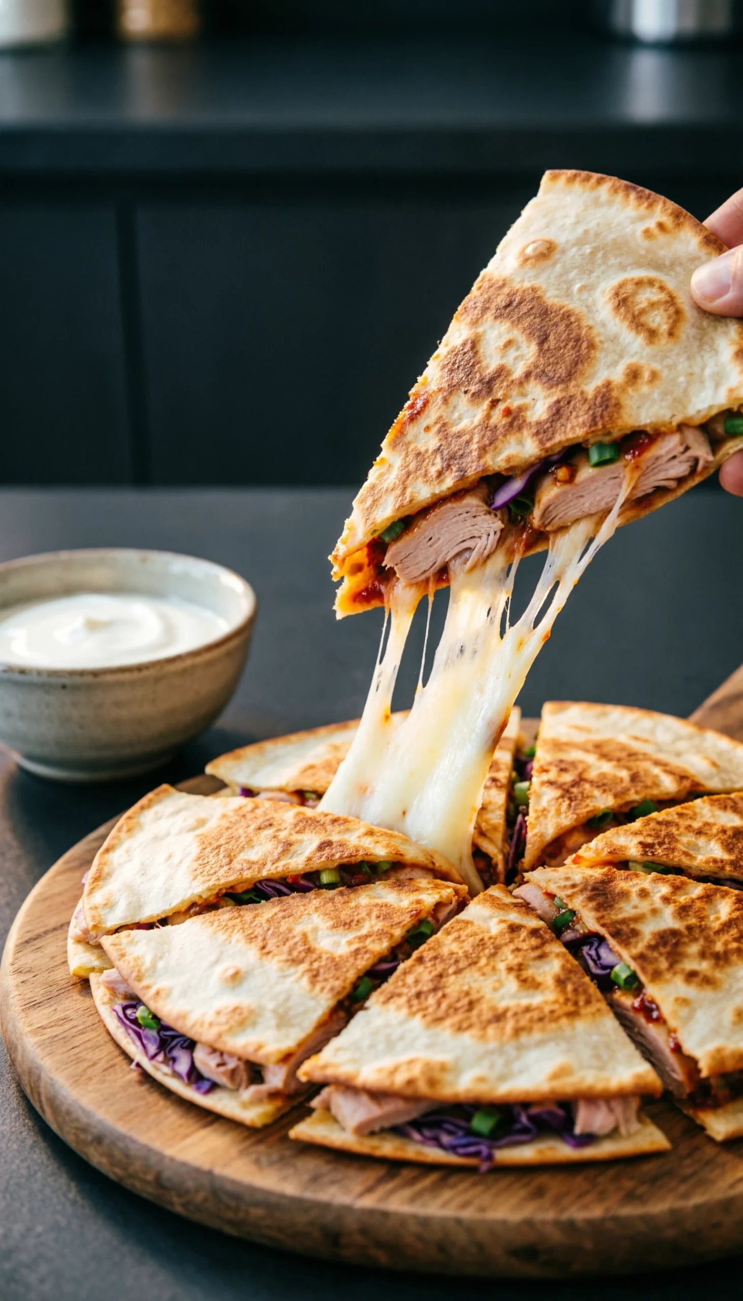 Crispy Korean ground turkey quesadilla with a melted mozzarella cheese pull served on a wooden cutting board.