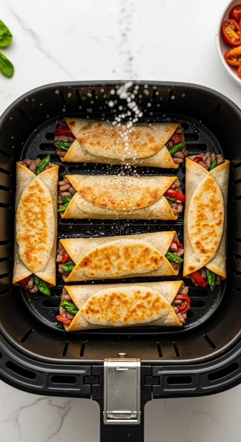 Crispy Southwest Eggrolls Arranged In A Modern Air Fryer Basket, Lightly Coated In Oil For Healthy Cooking.