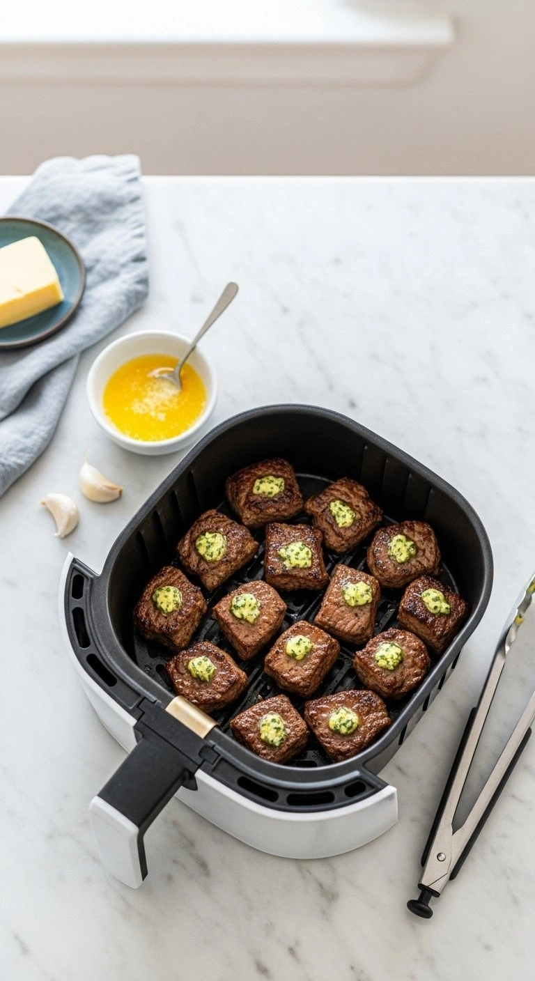 Crispy Air Fried Garlic Butter Steak Bites In A Modern Fryer Basket On A Clean White Marble Countertop.