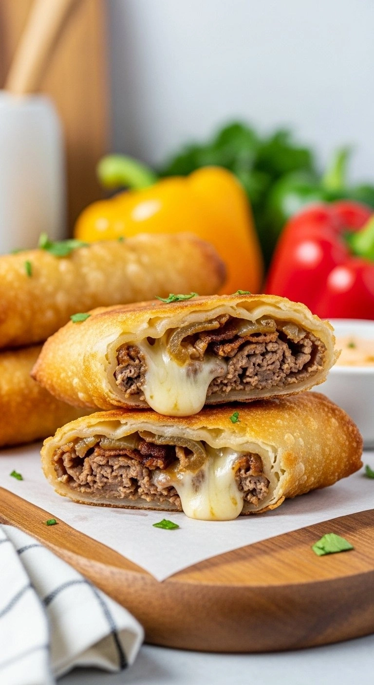 Crispy Air-Fried Ribeye Cheesesteak Egg Rolls With Melted Provolone And Onions On A Rustic Wooden Board.