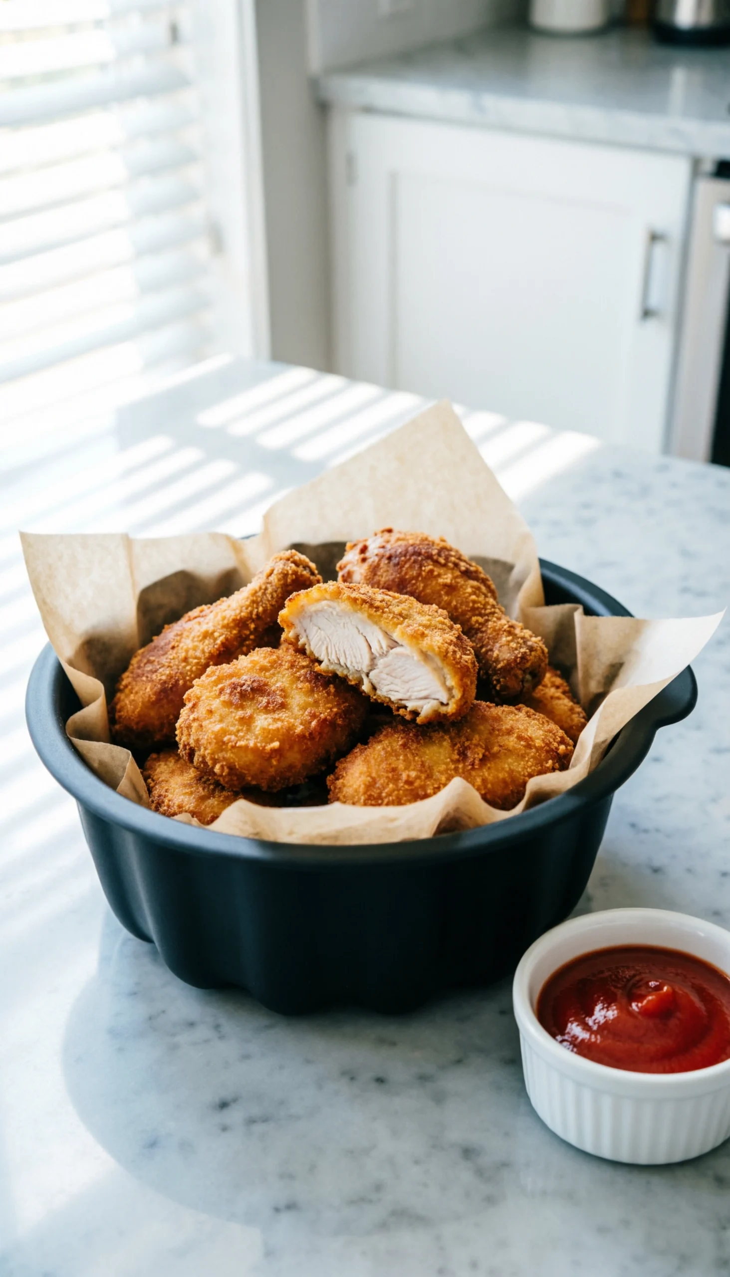 Crispy air fryer chicken bites in a parchment-lined basket served with a side of ketchup on a marble counter.