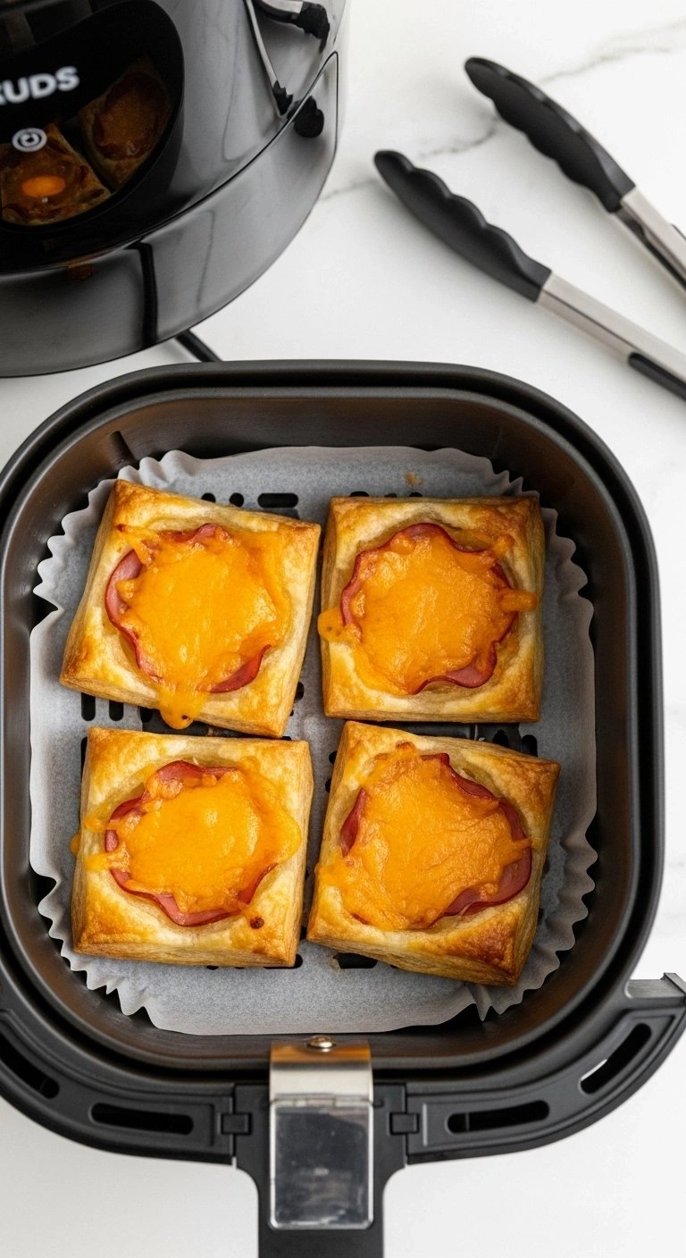 Crispy Air Fryer Ham And Cheese Puff Pastry Squares With Golden Flaky Layers Served In A Black Air Fryer Basket.