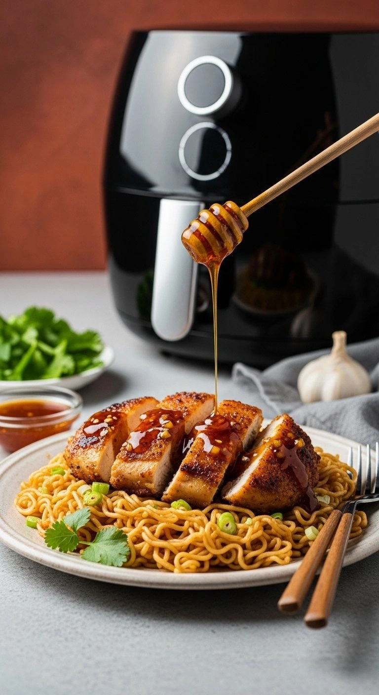 Crispy Air Fryer Honey Garlic Chicken Served Over Ramen Noodles On A Vintage Ceramic Plate With Garnishes.