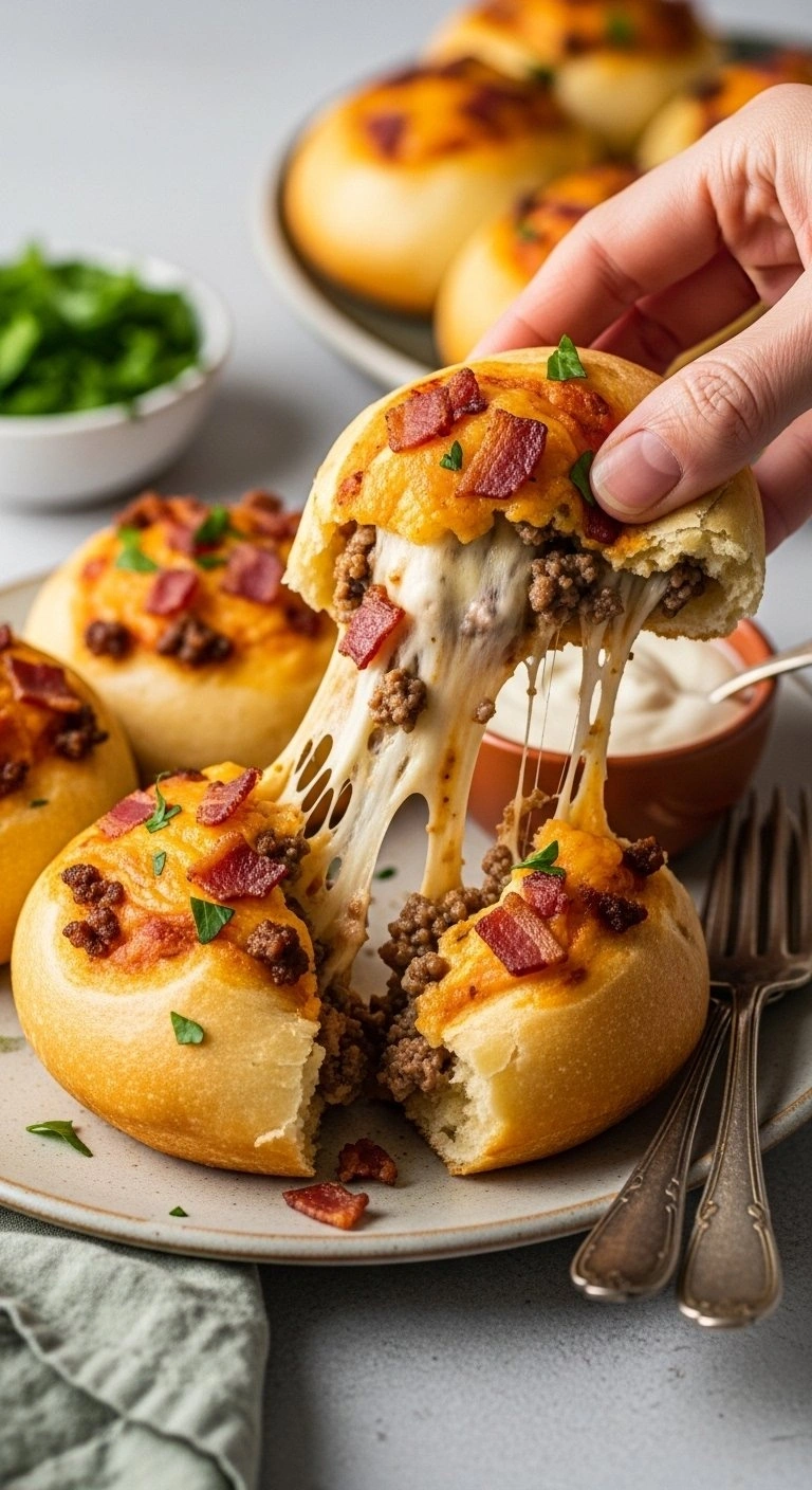 Crispy Bacon Cheddar Pizza Bomb Being Pulled Apart To Reveal Melted Cheese And Seasoned Beef On A Ceramic Plate.