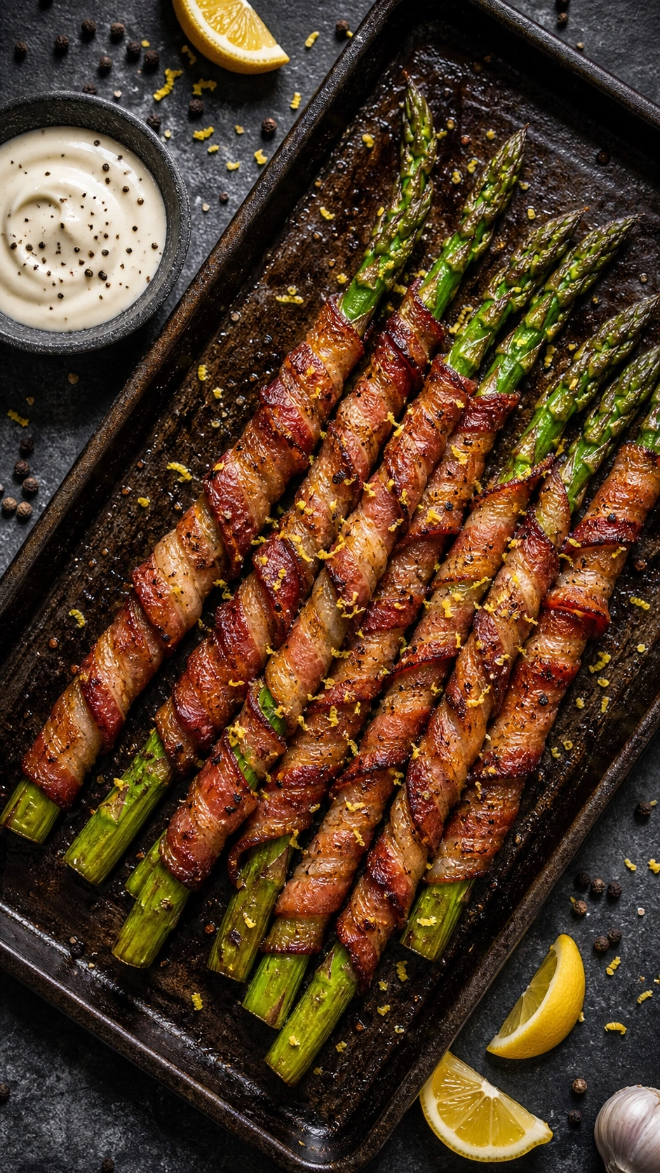 Crispy bacon-wrapped asparagus spears with lemon zest on a dark slate surface with a professional kitchen backdrop.