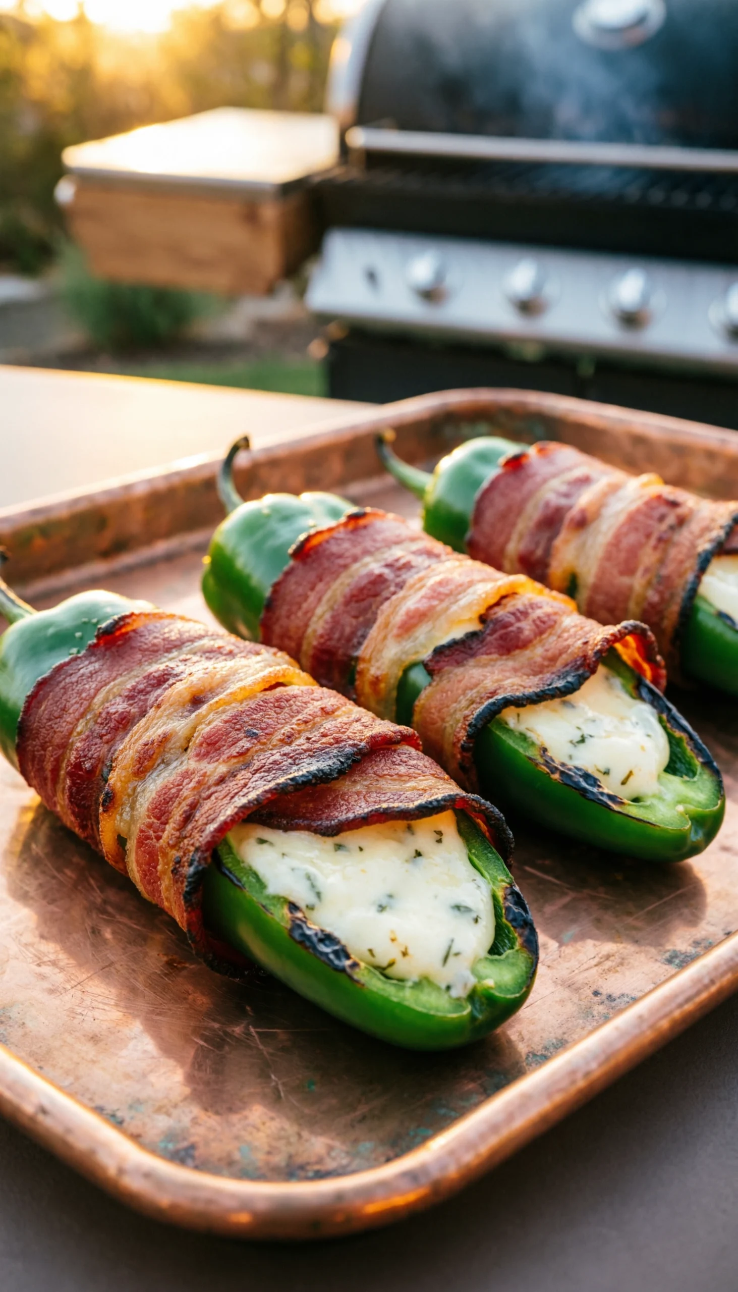 Crispy bacon-wrapped jalapeño poppers with creamy filling on a rustic metal tray during an outdoor afternoon BBQ.
