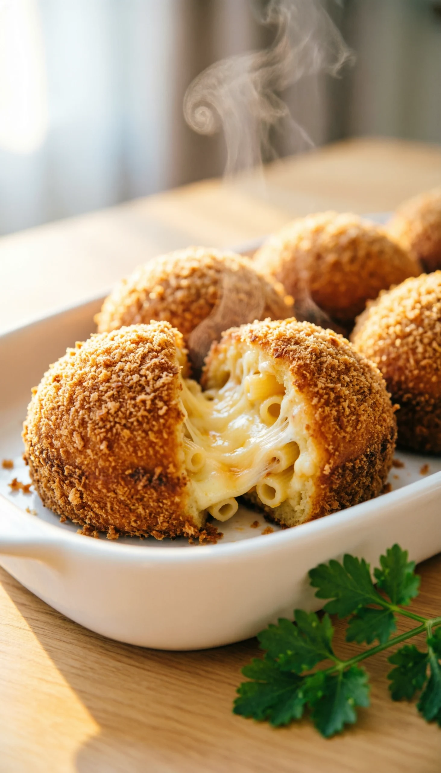 Crispy baked mac and cheese bites with a golden panko crust and parsley garnish served warm on a white ceramic platter.