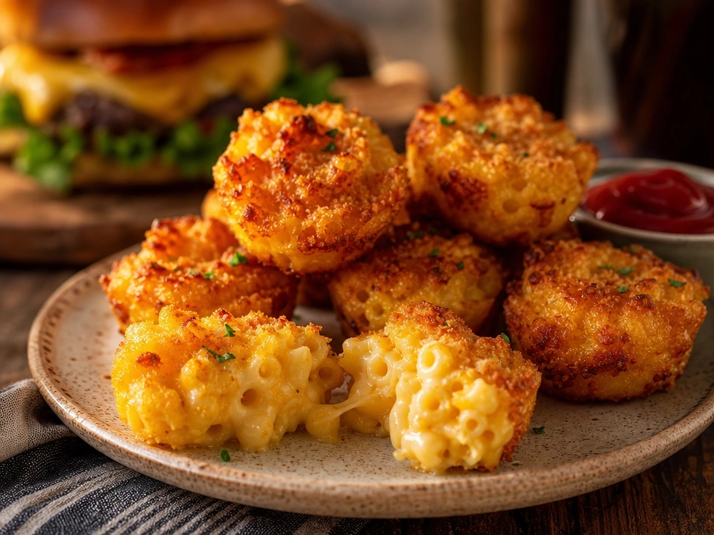 Crispy baked macaroni and cheese bites shaped like mini muffins on a vintage plate for a kid friendly barbecue side.