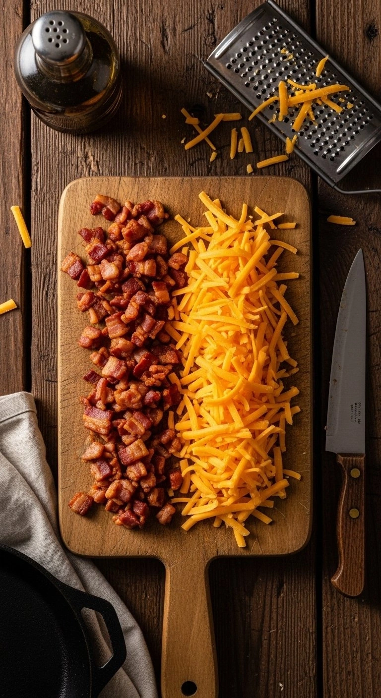 Crispy Chopped Bacon Bits And Shredded Sharp Cheddar Cheese On A Rustic Wooden Cutting Board For A Savory Salad.