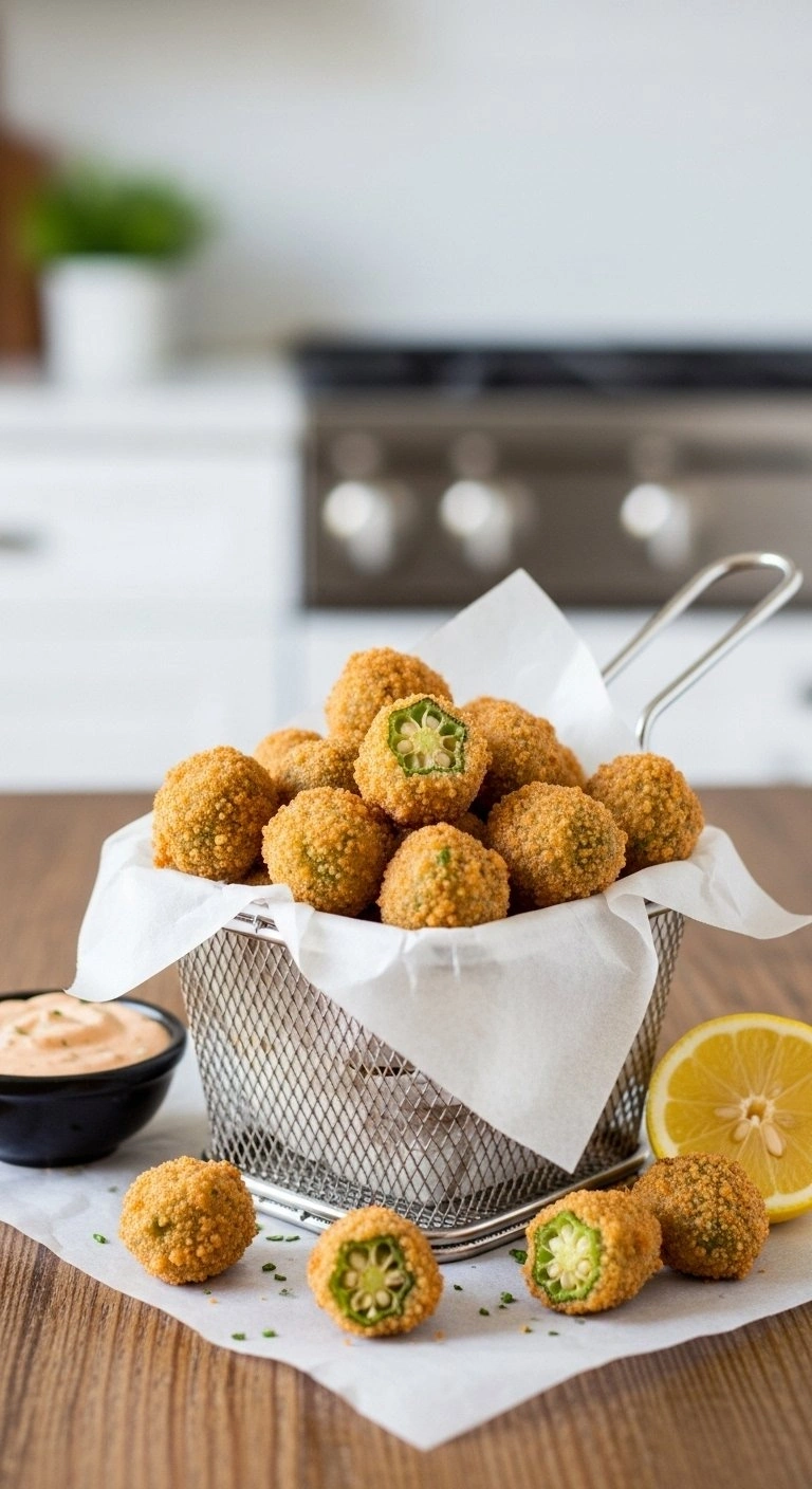 Crispy Cornmeal-Crusted Southern Fried Okra In A Wire Basket Served With A Side Of Remoulade Sauce On A Wooden Table.