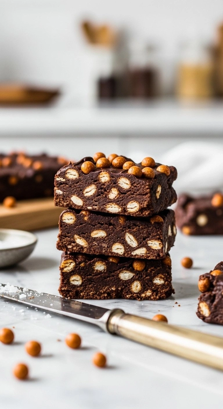 Crispy Dark Chocolate Keto Crunch Bars With Protein Puffs And Sea Salt On A White Marble Kitchen Countertop.