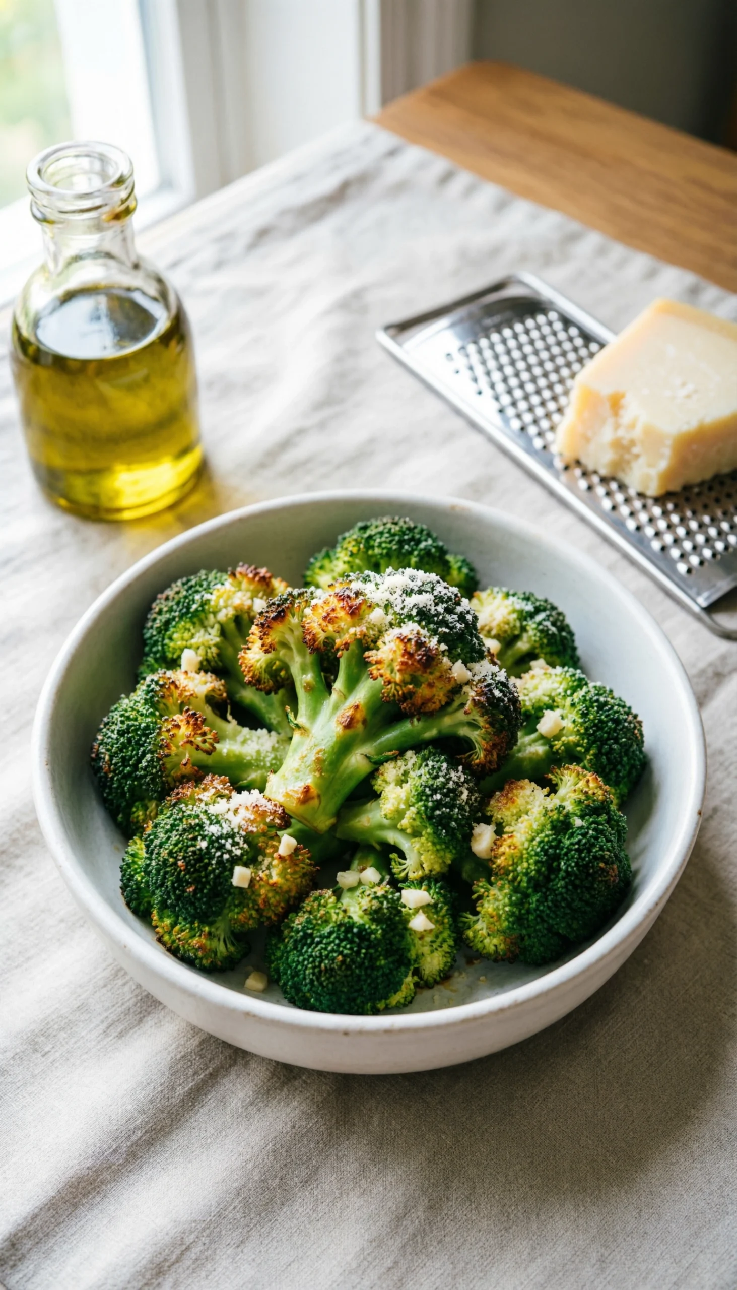 Crispy garlic parmesan roasted broccoli florets in a white serving bowl on a linen tablecloth with fresh cheese.