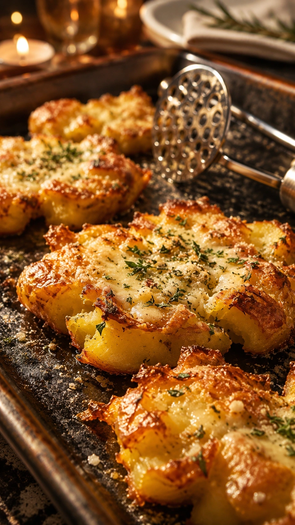 Crispy garlic parmesan smashed potatoes with fresh herbs on a dark roasting pan during a festive dinner setting.