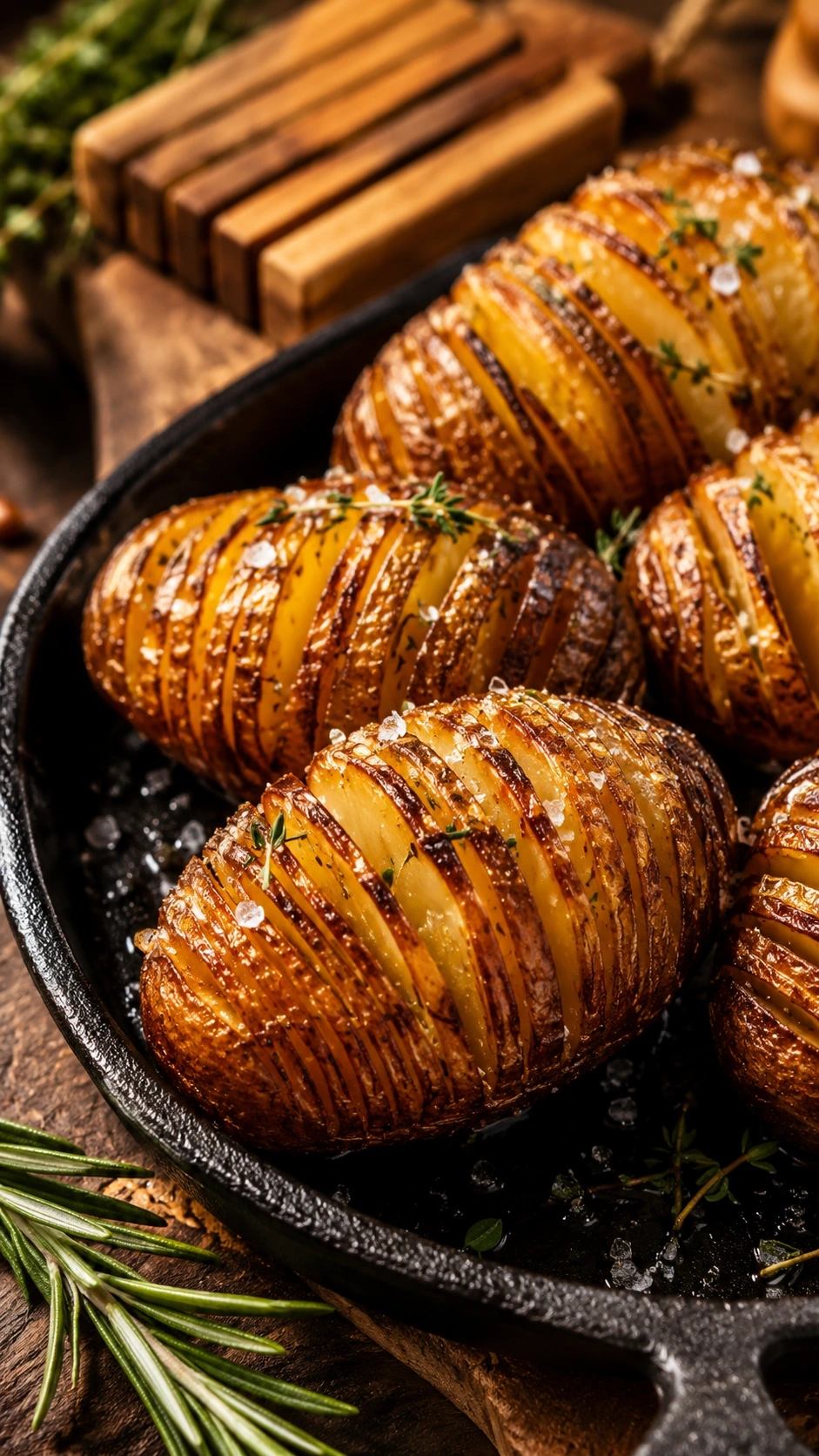 Crispy golden-brown hasselback potatoes with melted butter, sea salt, and fresh thyme in a cast iron skillet.