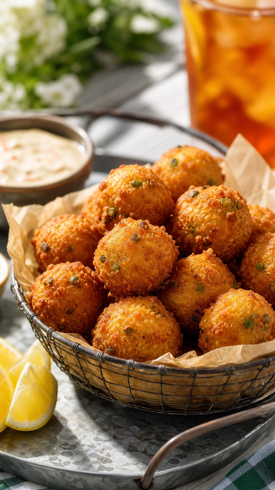 Crispy Golden Fried Hush Puppies With Green Onions In A Wire Basket Served With Remoulade Dipping Sauce.