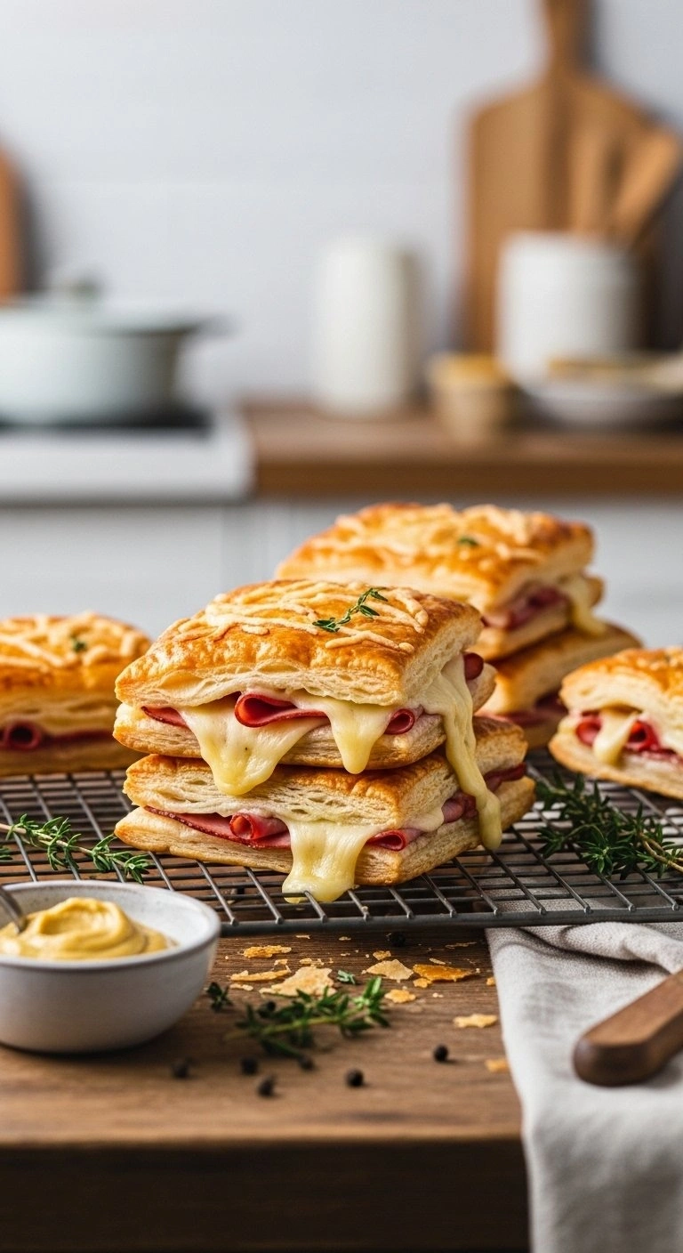 Crispy Golden Ham And Gruyère Cheese Puff Pastry Stacks With Fresh Thyme And Dijon Mustard On A Rustic Wooden Table.