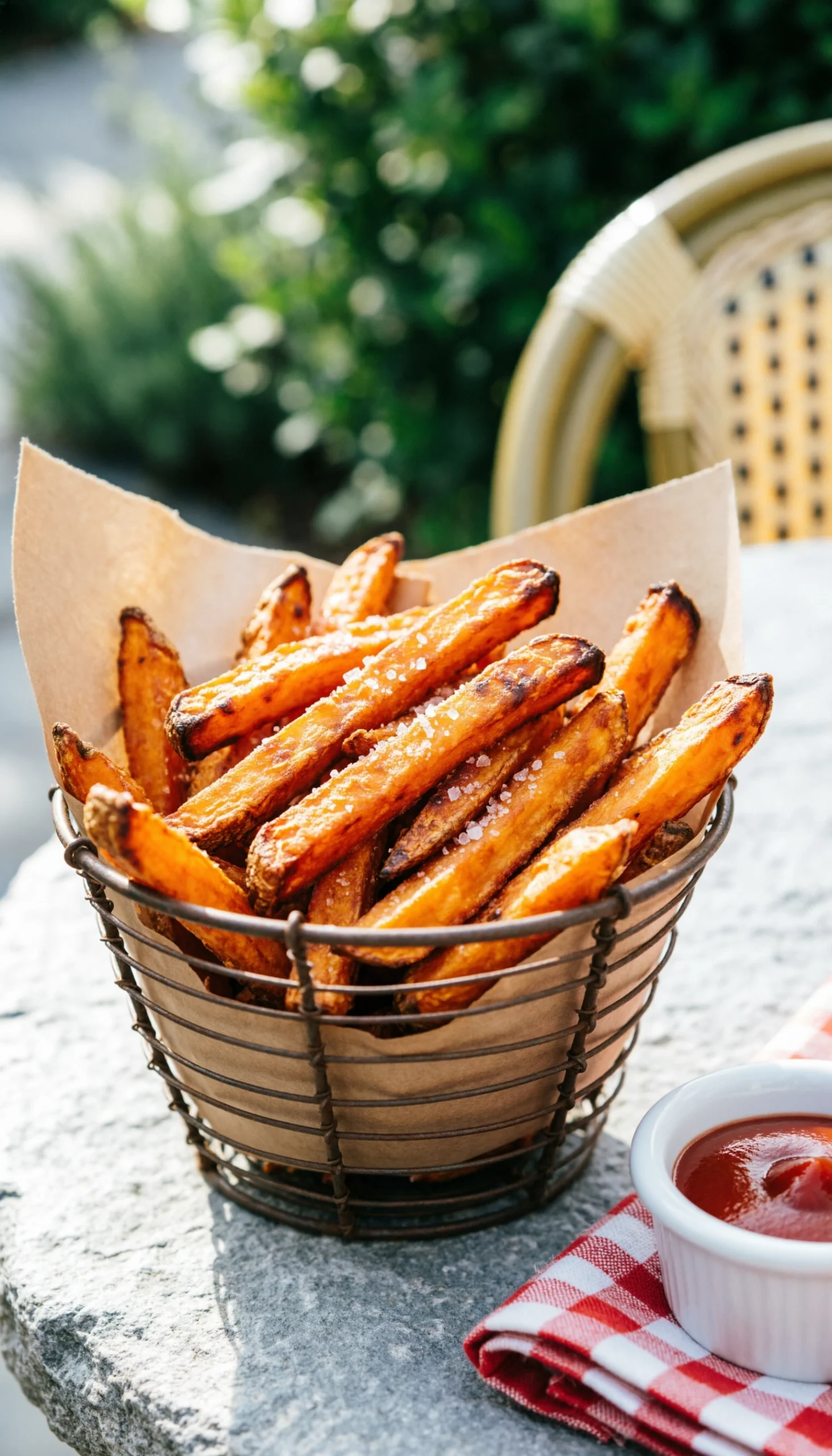 Crispy golden sweet potato fries with sea salt, served with ketchup in a wire basket on a stone surface.